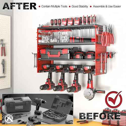 Power Tool Organizer Wall Mount, 4 Layers Tool Storage Rack with 2 Side Red Pegboards, 4 Drill Bit Rack,Heavy Duty Metal Garage Tool Shelf Organize for Workshop Garage Tool Room