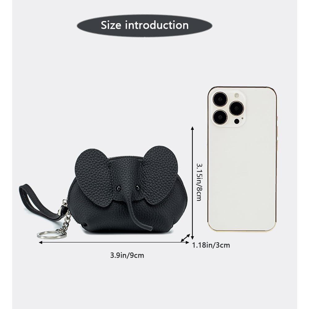 Cute Elephant Coin Purse, Small Leather Change Pouch Wallet for Women Cartoon Money Bag with Key Chain and Wrist Strap (Elephant Grey)