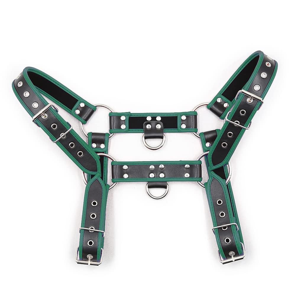 Punk PU Leather Harness for Man Adjustable Leather Harness Body Chest Half Harness Punk Belt Clubwear Costume (Green)
