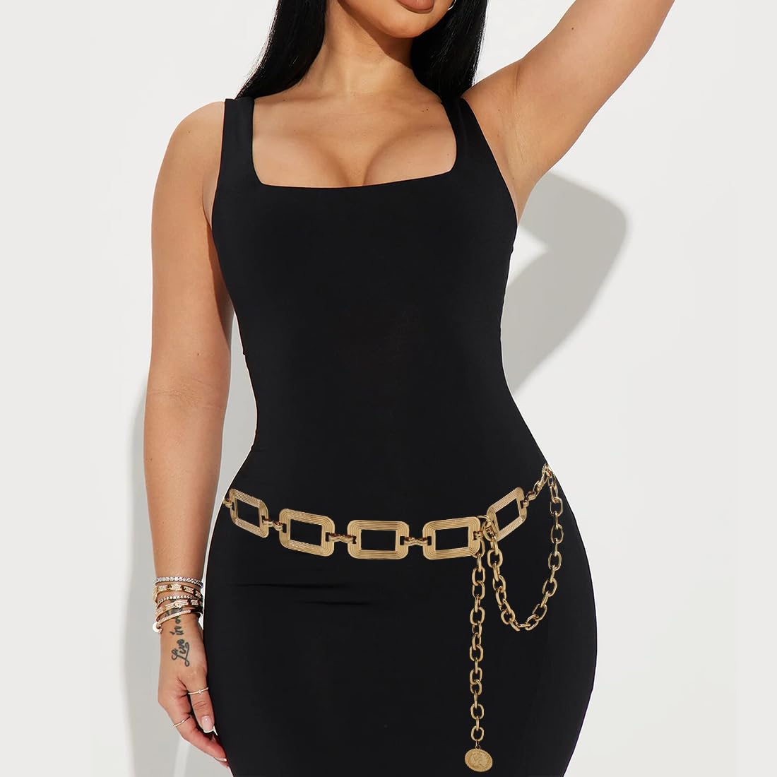 Heyjoin Waist Chain for Women Metal Belly Belt Adjustable Waist Belt for Dress Vest Jeans (Square Gold L)