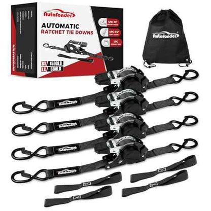 Retractable Ratchet Straps with Soft Loops (4 Pack)-(1,500lb Break Strength)-1 Inch x 12 Feet Heavy Duty Auto Self Retracting Tie Down Strap for Truck, Cargo Trailer, Motorcycle, Rad & More