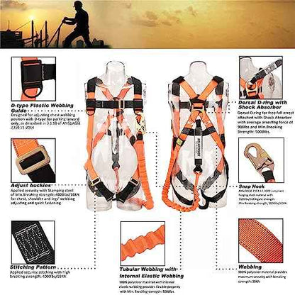 1D-Ring Industrial Fall Protection Safety Harness with 6-Foot Shock Absorber Stretchable Lanyard | Permanent attached Kit | ANSI Compliant Personal Fall Arrest System(PFAS)