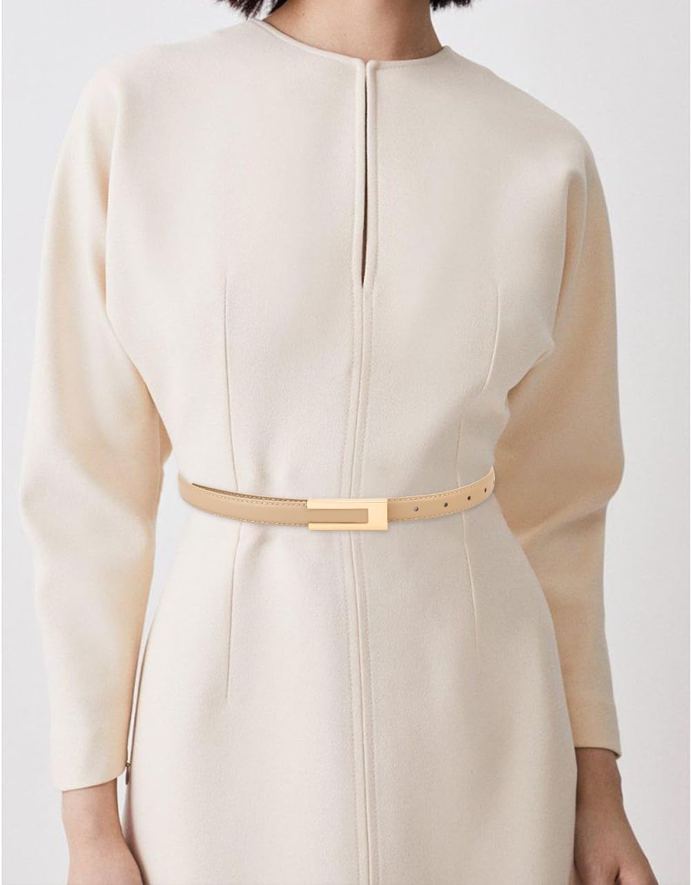 BAOKELAN Women Leather Belt Skinny Waist Belts for Dress Thin Waist Belt with Gold Buckle for Jeans Pants Apricot 120CM/47.2IN