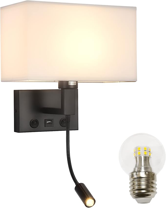 Black Wall Sconces, Hardwired Wall Lamp with USB Port and Reading Lamp, Fabric Shade Bedside Wall Lights with Reading Lamp for Bedroom Living Room Hotels Corridors (Black)