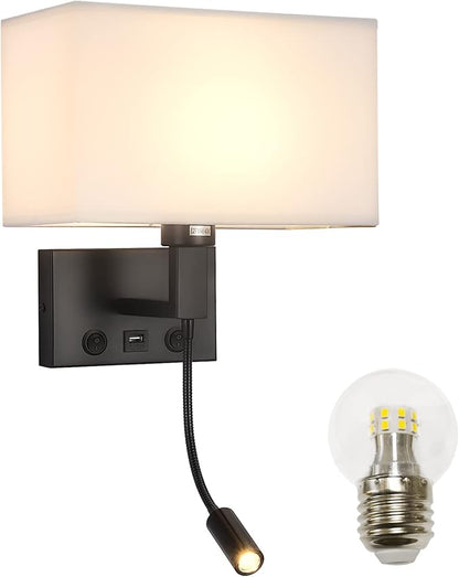 Black Wall Sconces, Hardwired Wall Lamp with USB Port and Reading Lamp, Fabric Shade Bedside Wall Lights with Reading Lamp for Bedroom Living Room Hotels Corridors (Black)