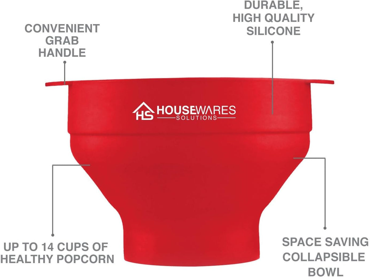 Collapsible Silicone Microwave Hot Air Popcorn Popper Bowl With Lid and Handles - Red