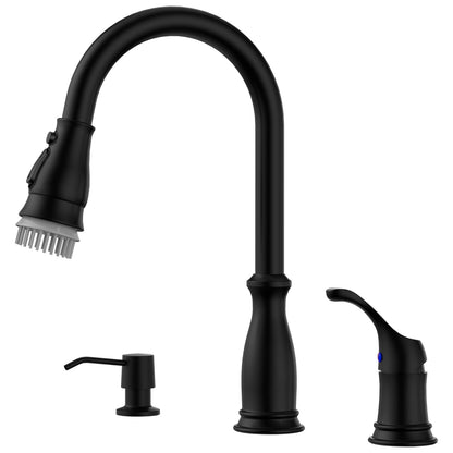 APPASO 3 Hole Kitchen Faucet with Pull Down Sprayer, Kitchen Faucets with Soap Dispenser, 3 Pieces Kitchen Sink Faucet with Separate Handle, Matte Black Kitchen Faucet 3 Hole, 218MB