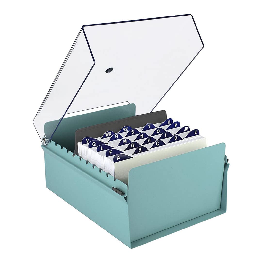 Acrimet 5 X 8 Card File Holder Organizer Box Metal Base Heavy Duty (AZ Index Cards and Divider Included) (Green Color with Clear Crystal Plastic Lid Cover)