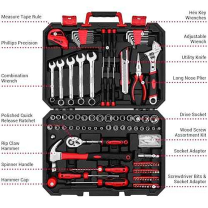 DEKOPRO Tool Set:158 Piece Home Tool Kit, Household Basic Repair Tool Set Comes with Plastic Storage Case-Red