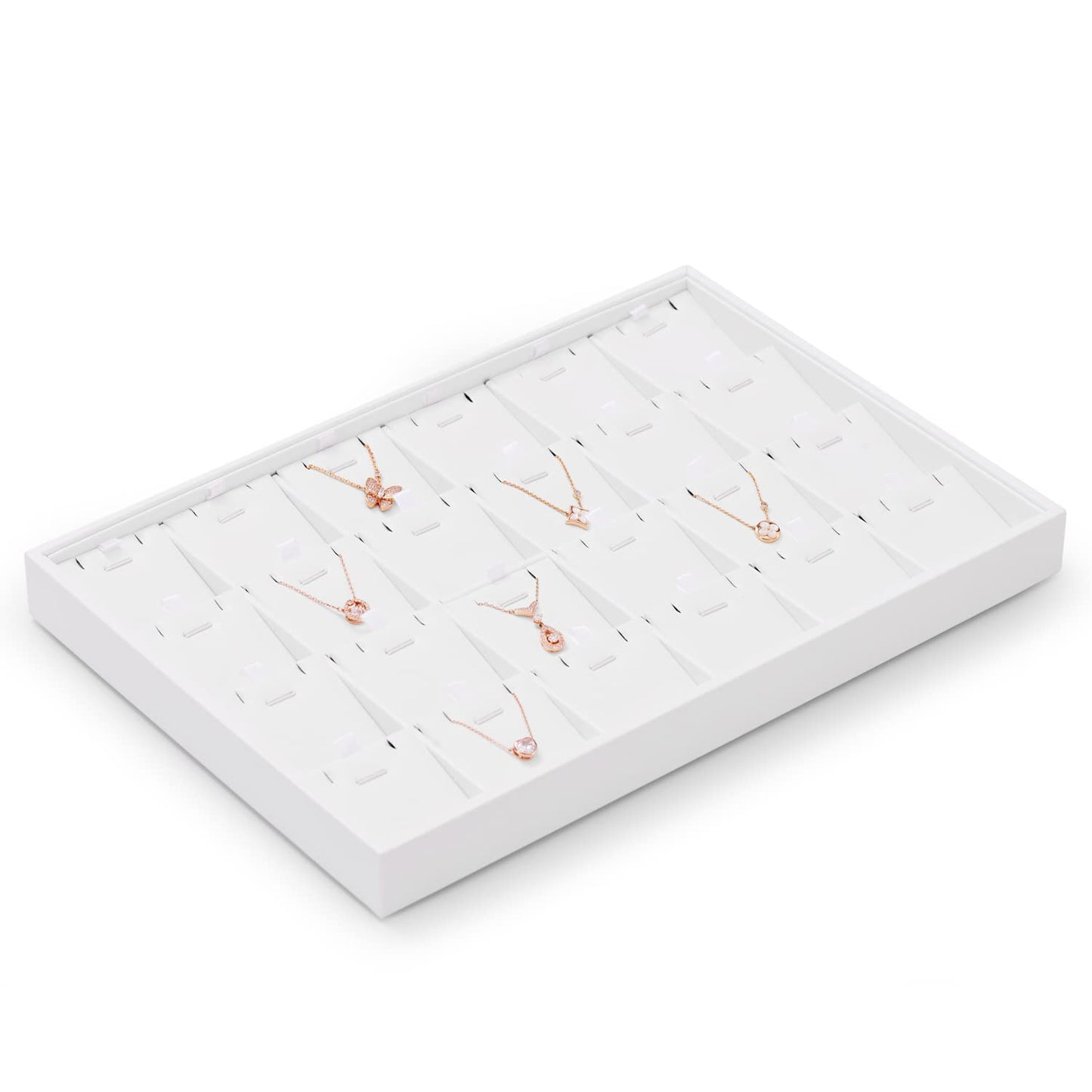 Oirlv Premium White Leather Stackable Jewelry Tray 24 Grid Jewelry Organizer Tray with Removable Inserts Cards Necklace Display Holder