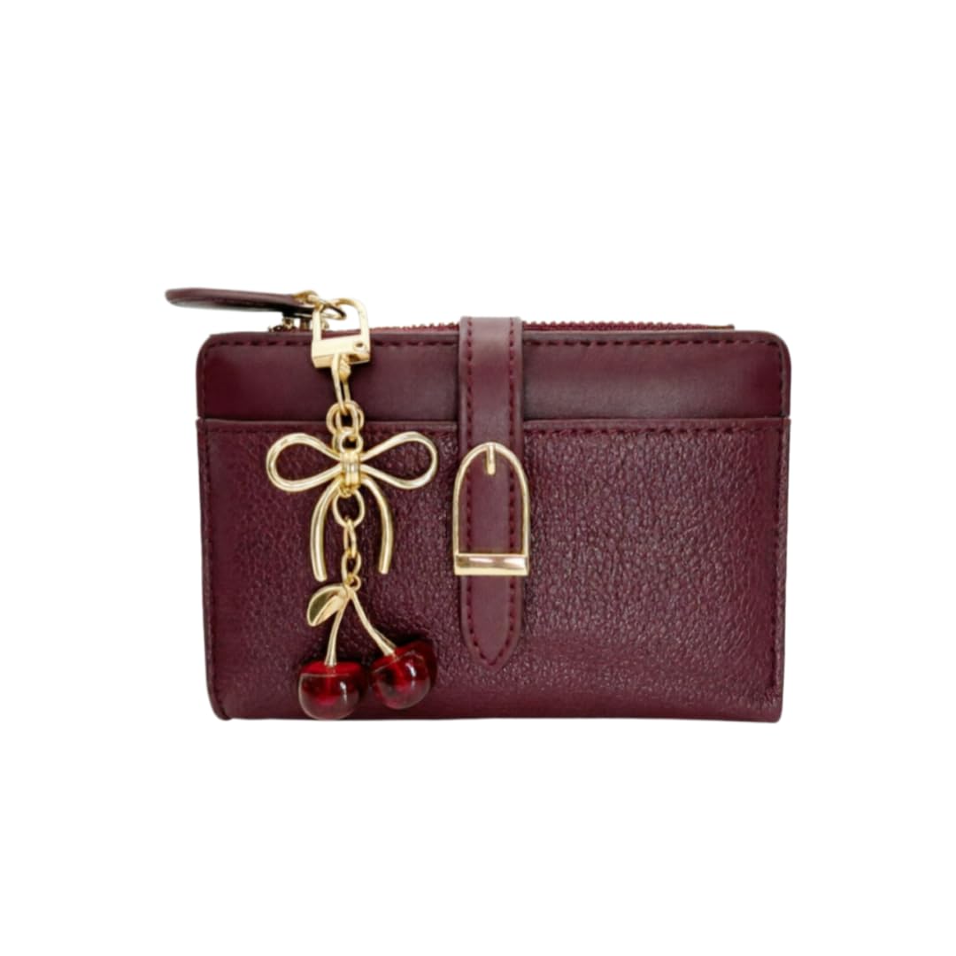 Ninmon Shares Small Wallet for Women Wine Red PU Leather Trifold Card Holder with Coin Pocket & Red Cherry Keychain (Red)