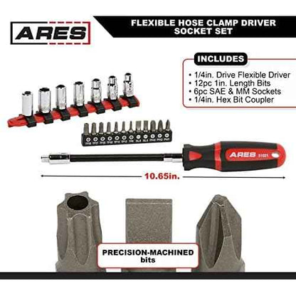 ARES 51021 ? 20-Piece Multipurpose Flexible Screwdriver Set ? 90 Degree Flex Shaft ? Phillips, Slotted, and Tamper Torx Bits and 1/4-Inch Drive Sockets