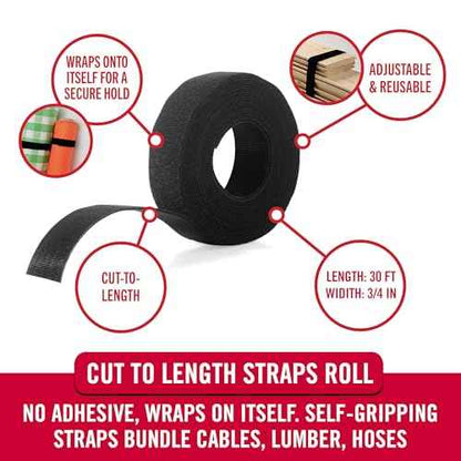 VELCRO Brand VEL-30767-AMS Narrow Straps 3/4 in x 30 ft Roll | Cut to Length Reusable Self-Gripping Tape | Bundle Wrap Garden Tools, Hoses, Organize Craft Supplies, Camping Gear, More | Black