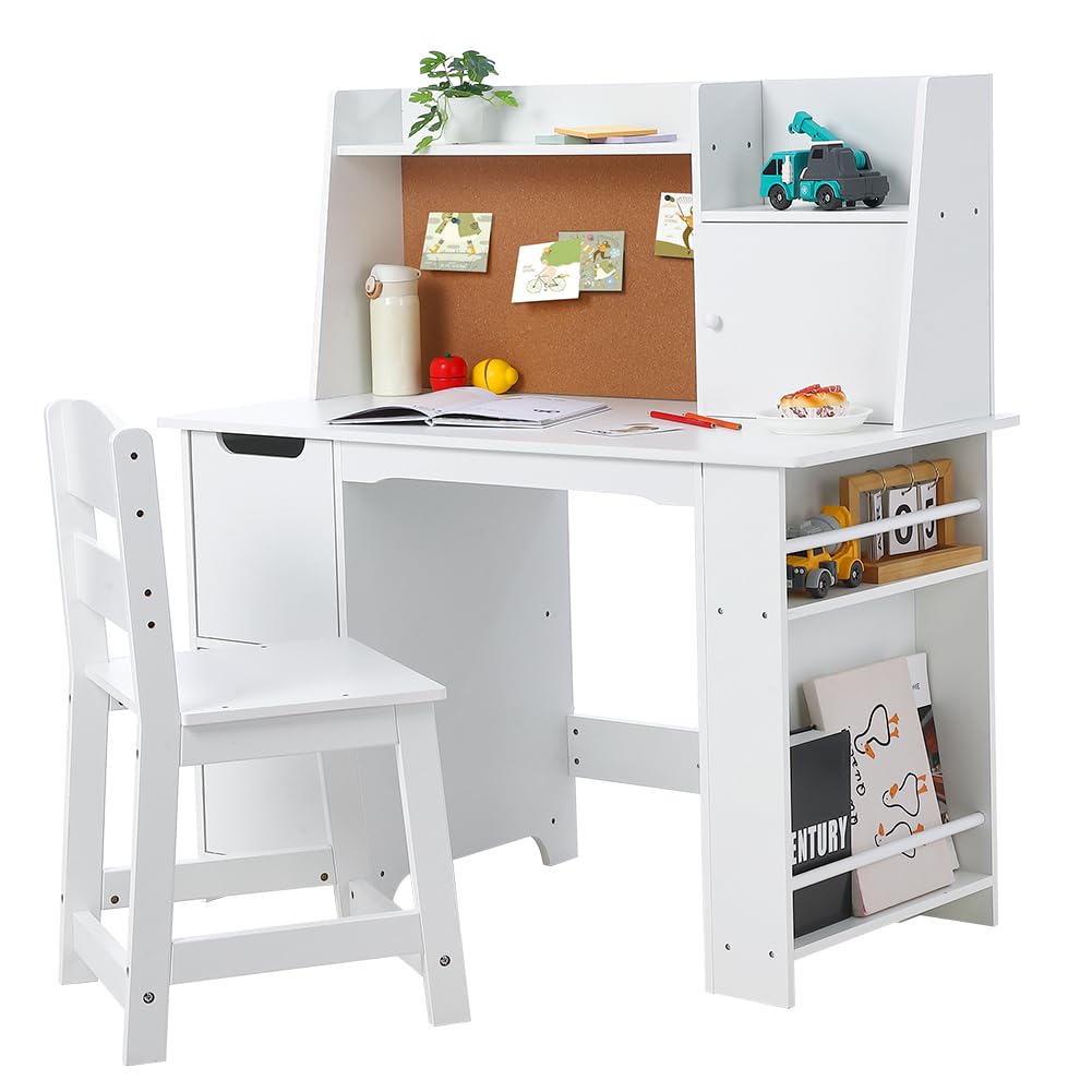 Garvee Kids Desk and Chair Set, Wooden Study Table with Storage Shelf, Bulletin Board for Children 3-8