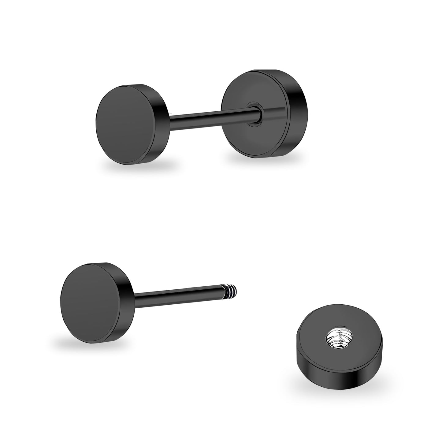 ZDE Women Earrings Flat Back Dot Earrings Titanium Hypoallergenic Cartilage Non-Nickel Earrings Studs for Sensitive Ears Simple Classic Screw On Stud Earring (Black, 4MM)