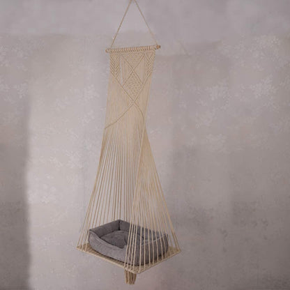 Sdjazl Macrame Hanging Cat Hammock Bed Cat Swing House Space Saving Window Perch with Washed Cotton Cats Toy Tassel Basket Tapestry (Beige, Swing Bed+Cushion)