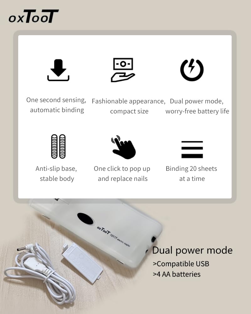 OXTOOT Electric Stapler with Intelligent Dual Power Supply Portable Office Supplies White, Suitable for No. 10 Staplers