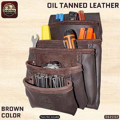 Graintex OS2052 5 Pocket Oil Tanned Nail & Tool Pouch Dark Brown Color for Constructor/Electrician/Plumber