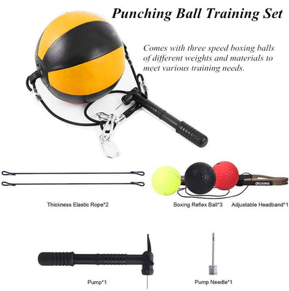 Kvittra Double End Punching Bag Boxing Striking for Training - Speed Ended Set Includes 3 Reflex Ball Headband and Pump- Portable MMA (Yellow)