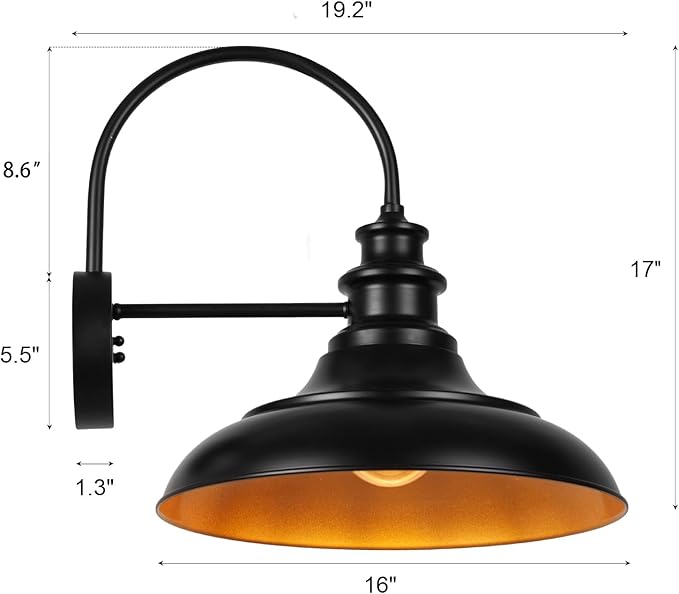 Outdoor Barn Light Fixture, 16 Inch Large Dome Farmhouse Exterior Wall Mount Light, Rustic Gooseneck Wall Sconce Indoor Wall Lighting Fixture, Industrial Black Gold Lantern for Porch, 1 Pack