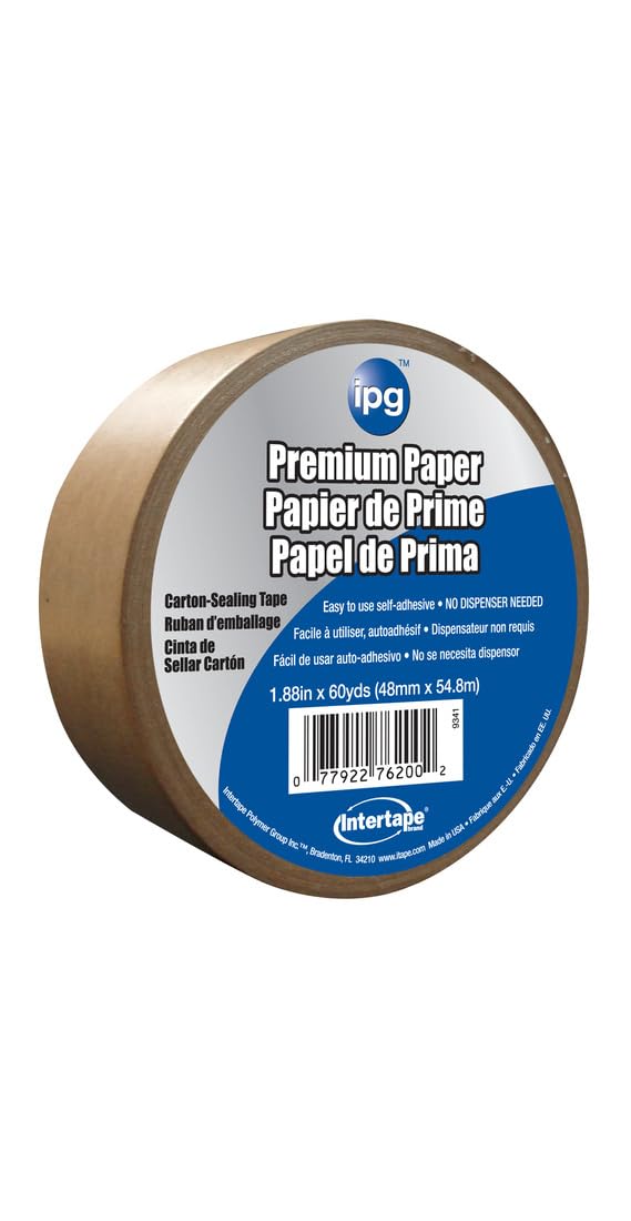 IPG 9341 Kraft Paper Flatback Premium Packing Tape, 1.88" x 60 yd, Brown, (Single Roll) (packaging may vary)