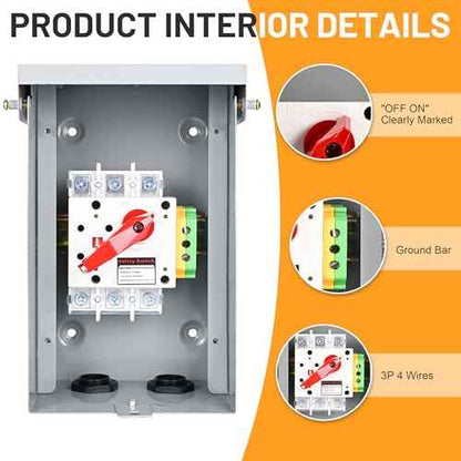 60 Amp Disconnect, 240V General Duty Safety Switch, 3P 4 Wires Non-Fused AC Disconnect Switch Box with Ground, Meeting NEMA 3R Standards for Indoor and Outdoor