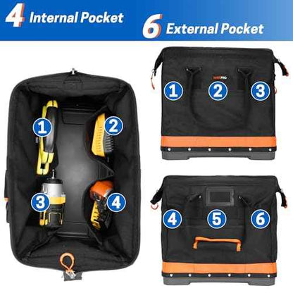 Wide Mouth Tool Bag, 16 Inch Heavy Duty Tool Bag with Waterproof Plastic Bottom, Multiple Purpose for Plumbers, Electricians, Handymen