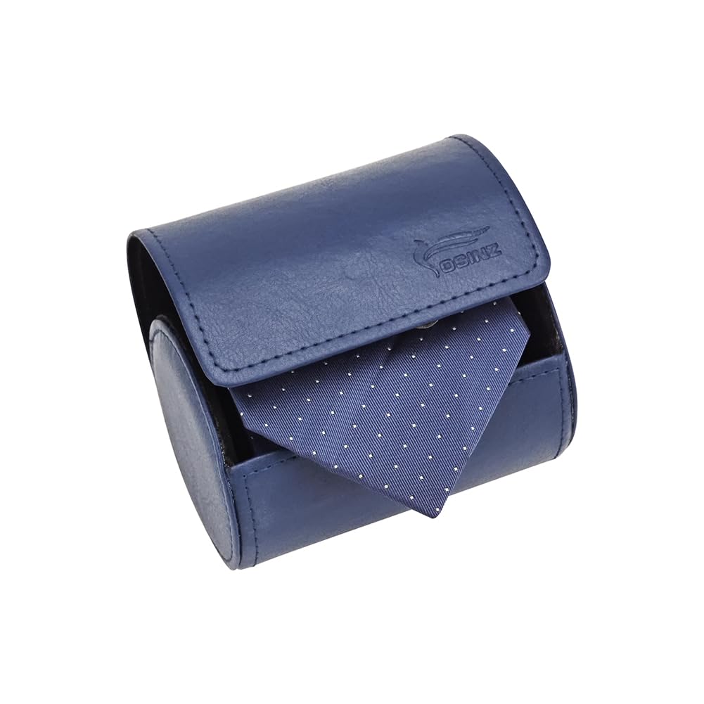 BALITIOYI Leather Tie Case Box Organizer for Men's Necktie and Bow Tie Storage Travel Gift Box (round button, Blue, 4.3" x 3.3" x 3.3")