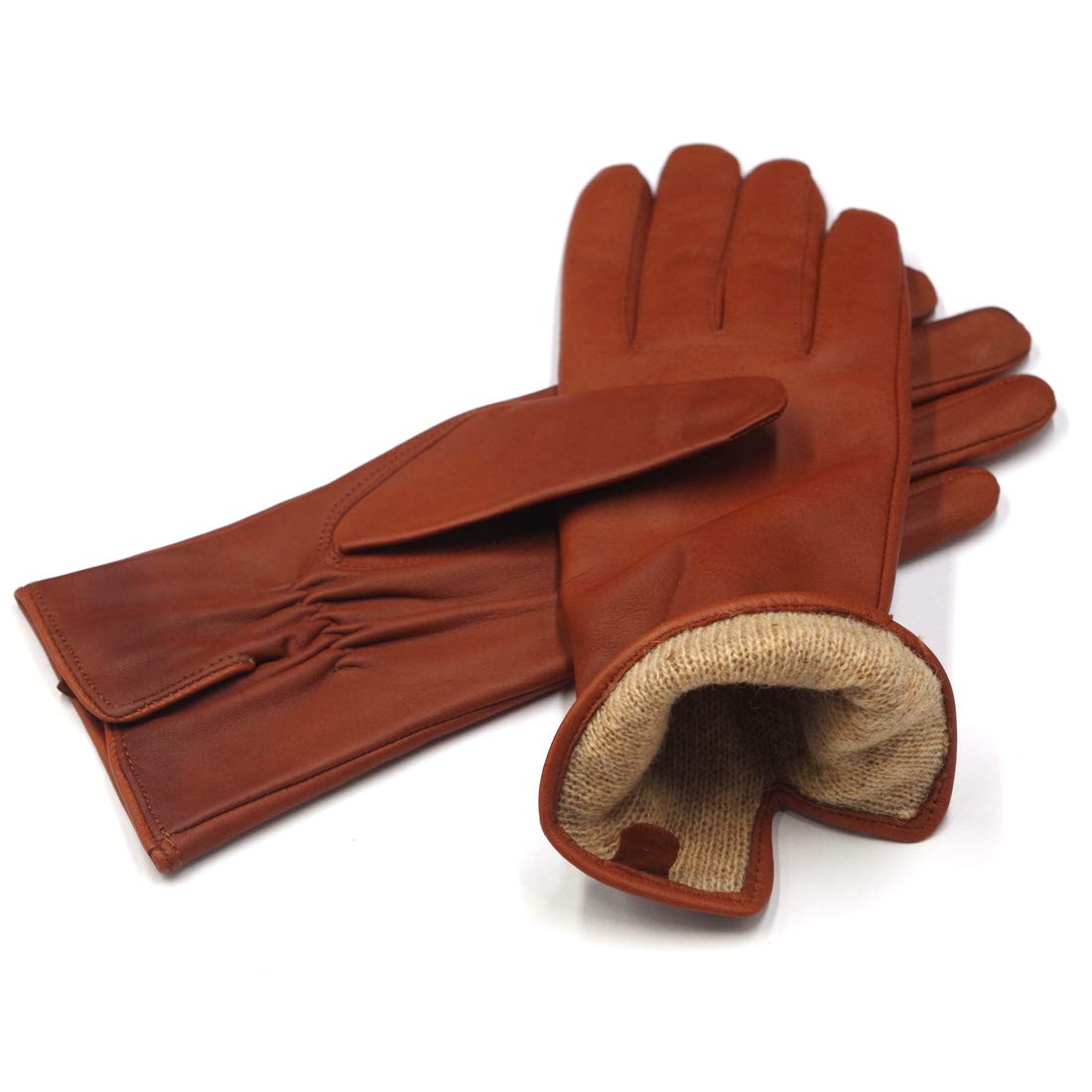 MGGM collection Womens Nappa Lambskin Leather Gloves Cashmere Lining,Cognac,Large