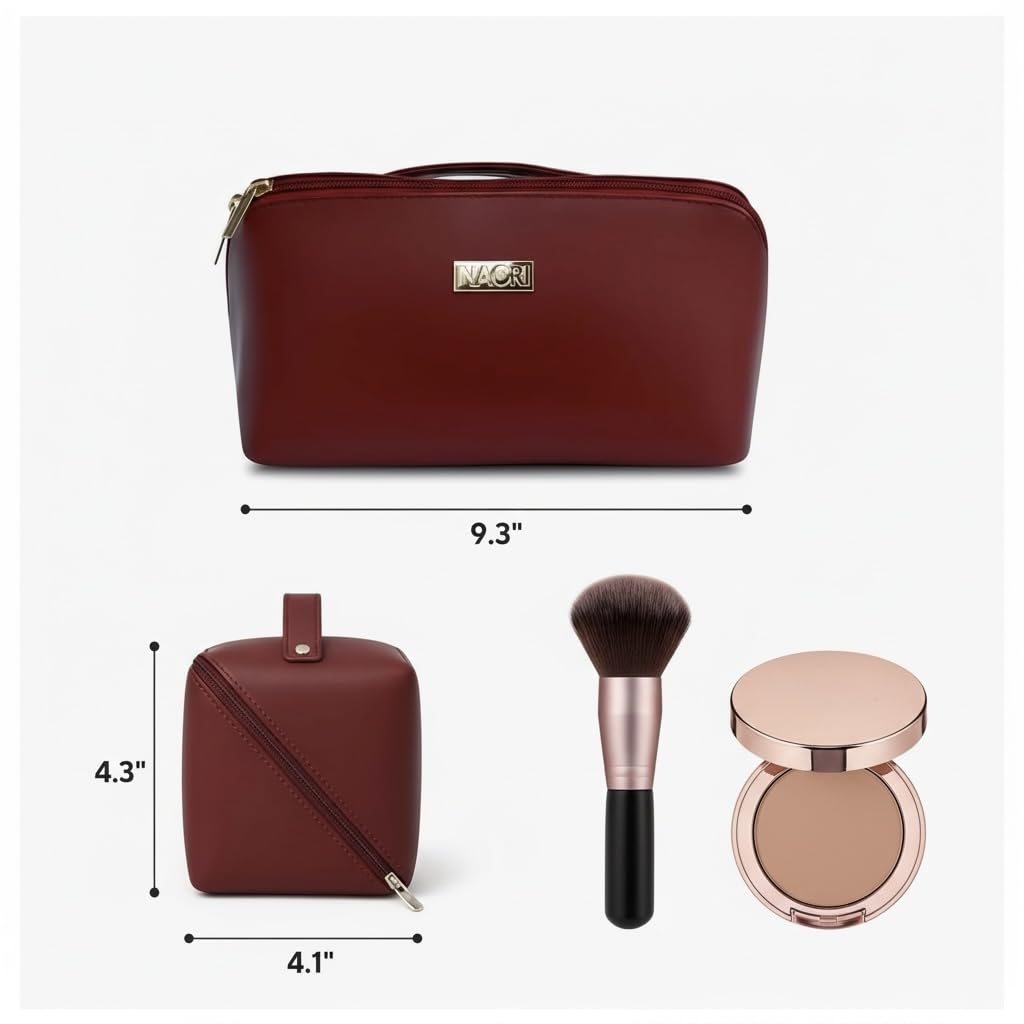 NAORI Travel Makeup Bag for Women | Large Luxury Cosmetic Organizer with Handle & Inner Pockets | Waterproof Faux LeatherToiletry Bag | Makeup Case for Home, Travel & Gifting (Classic Burgundy)