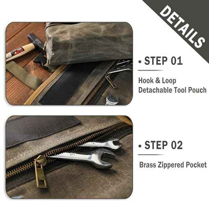 Canvas Tool Roll, Heavy Duty 16oz Waxed Canvas Wrench Roll - with Regular Tool Slots + 2 Zippered Pockets - Army Green, Portable Roll Up Wrench Organizer for Craftsman Contractor Repairman Gardener