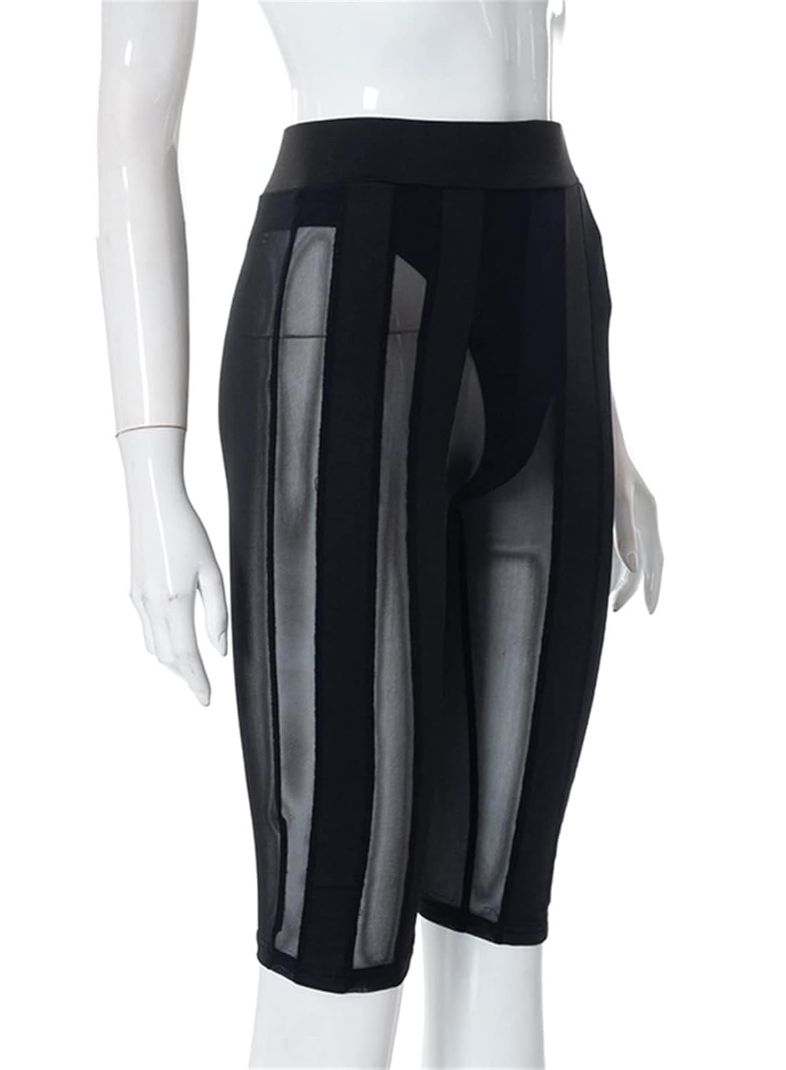 Atyfuniby High Waisted Leggings for Women - Striped Patchwork Sexy Skinny Mesh See Through Stretchy Knee Length Pants Clubwear Black S