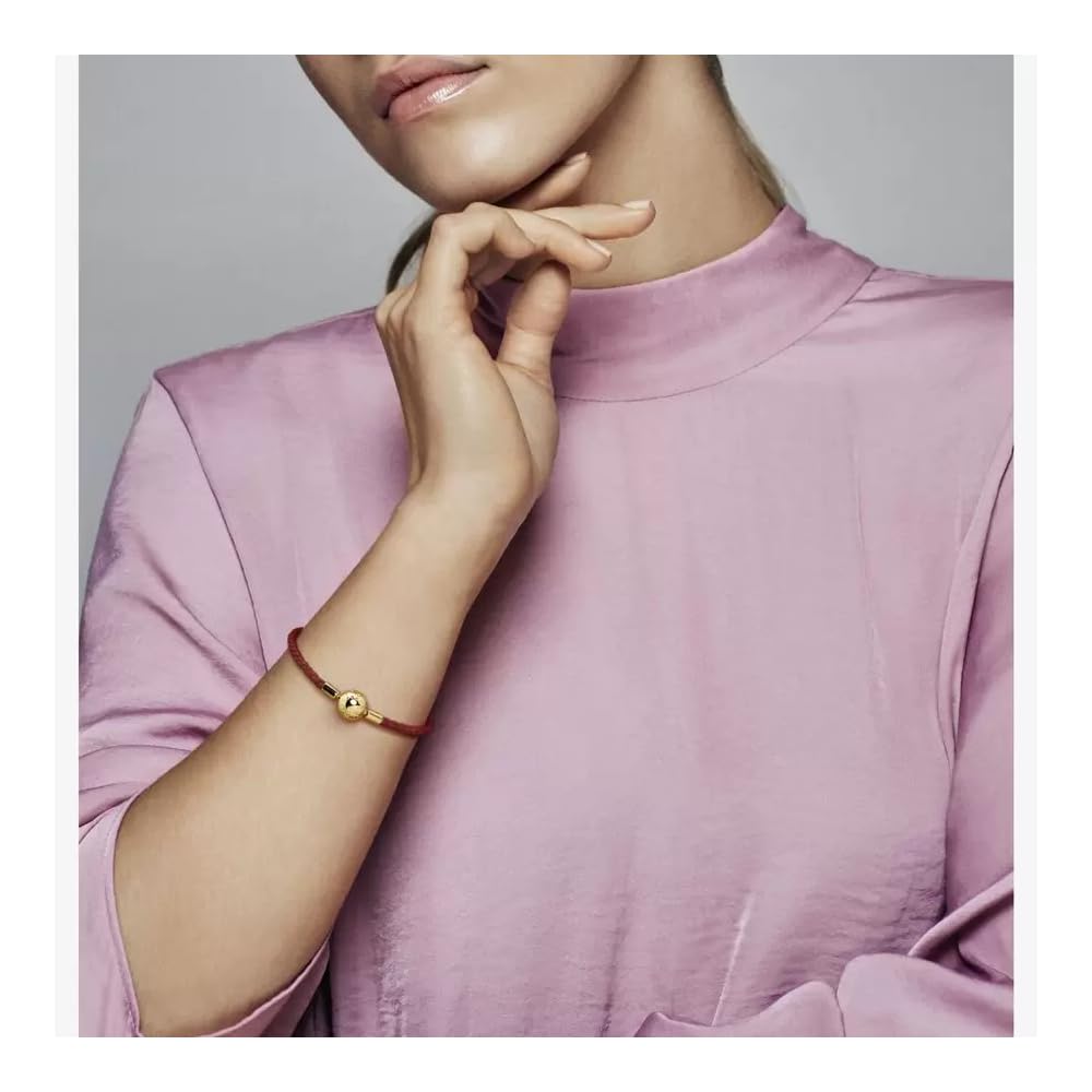 PANDORA Moments Woven Leather Bracelet with 18k Gold-Plated Clasp - Compatible Moments Charms - Features Shine & Leather - Gift for Her - Red, 6.9", with Gift Box