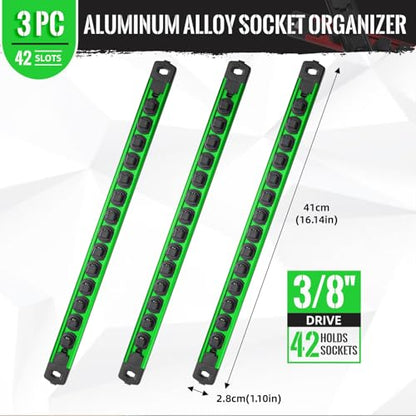 Magnetic Socket Organizer, 3-Piece Heavty Duty Aluminum Socket Holder, Socket Rail for Tool Box, Premium Quality 360¡Æ Swivel Socket Rack with 42 Clips for 3/8-Inch(Green)