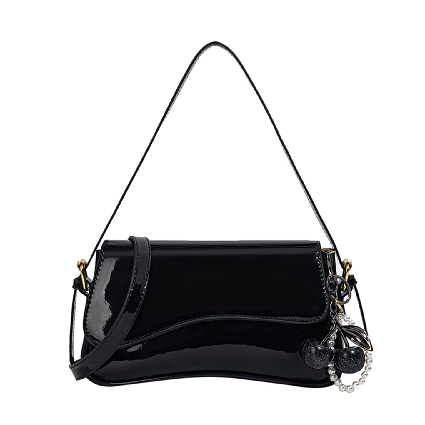 AOIR Black Purses for Women Trendy, Y2K Faux Leather Clutch Purse with Cherry Pendant,Crossbody Shoulder Bag and Handbags