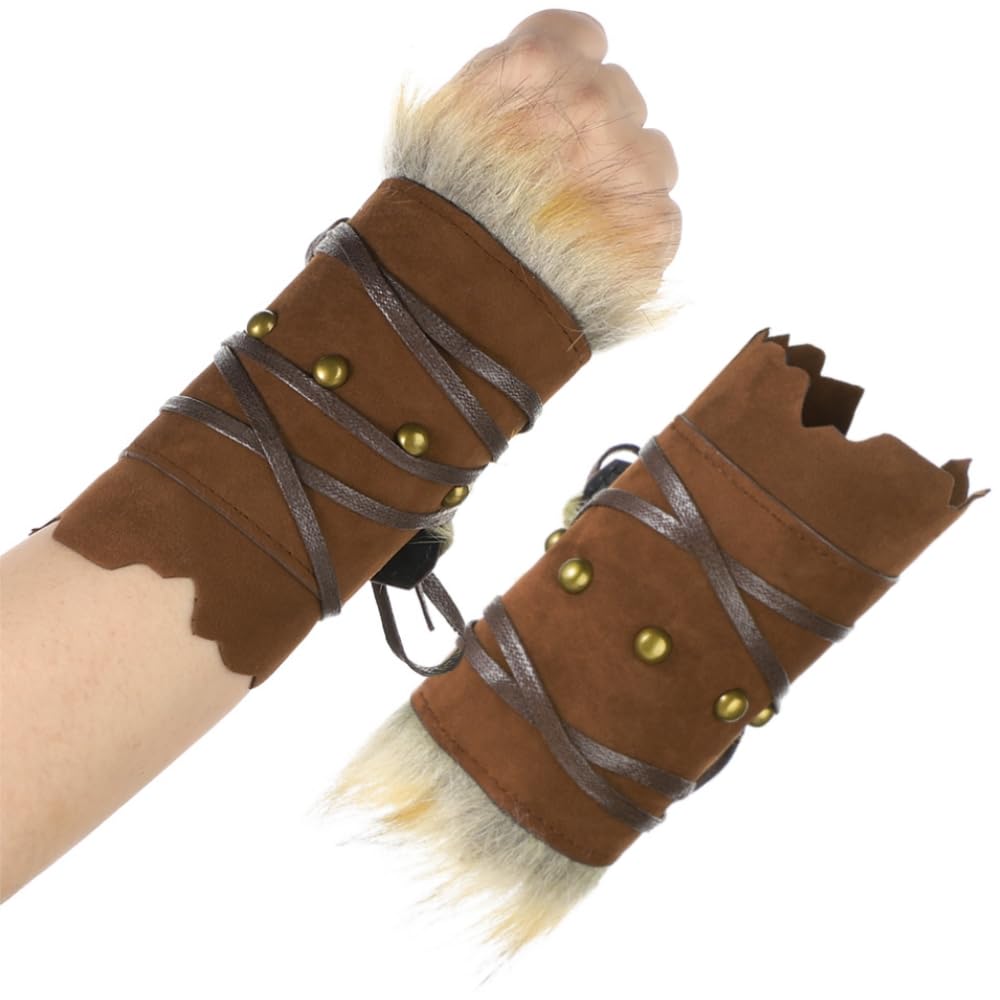 Medieval Faux Fur Wrist Guards Leather Arm Wraps Renaissance Viking Wrist Bands Archery Knight Warrior Gauntlets Wristband Costume Brown