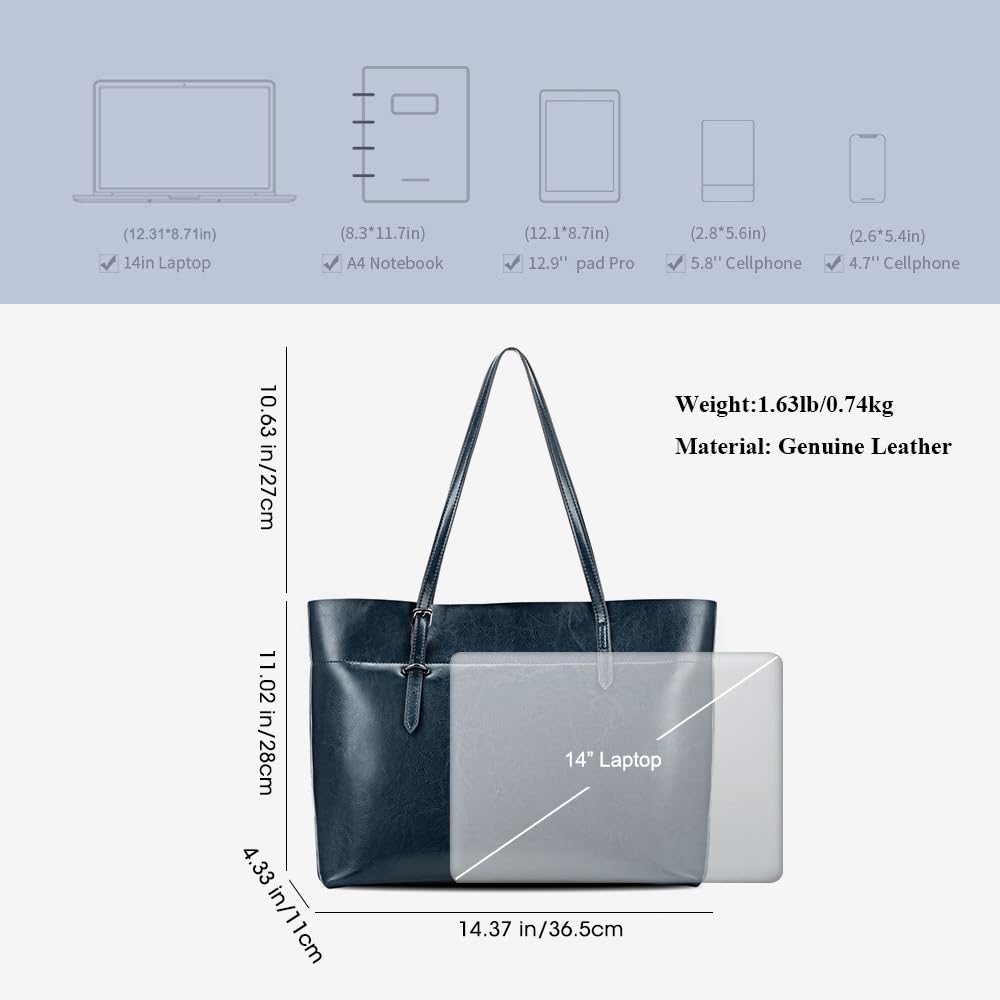 Kattee Vintage Genuine Leather Tote Shoulder Bag for Women Satchel Handbag with Top Handles (Blue)