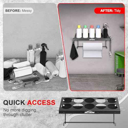 10 Aerosol Spray Can Holder with Paper Towel Holder & 4 Detachable Hooks, Space-Saving Tool Organizer Wall Mount for Garage, Workspace and Tool Room