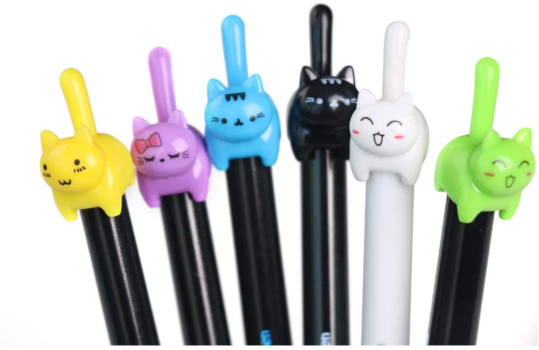 RECHENG retractable cat gel pens,Fine Point 0.5mm black ink,Cute kitty fun ball point pens for girls School Office Supplies,12pcs fun pens.