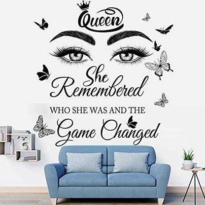 Inspirational Quotes Wall Decals Eyelash Eyes Wall Stickers Positive Lettering Saying Queen She Remembered Who She Was and the Game Changed Wall Art Sticker for Women Girls Bedroom Living Room Decor