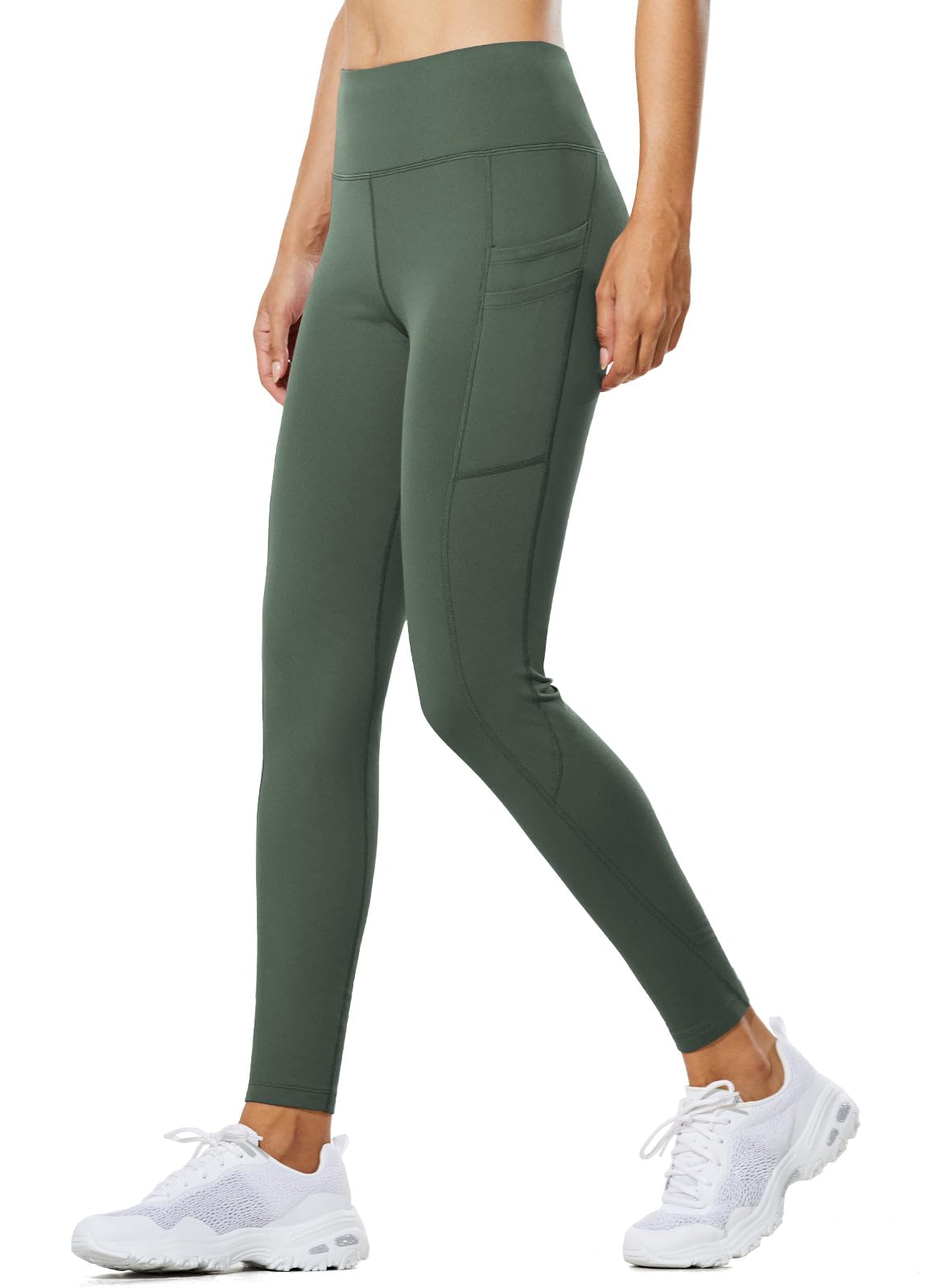 baleaf Thermal Leggings for Women Fleece Lined Waterproof Winter Hiking Pants Warm Tights Cold Weather Running Gear Army Green 2XL