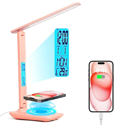 Multifunctional LED Desk Lamp with Wireless Charger,USB Charging Port,Clock,Phone Holder,Desk Lamps for Home Office,Eye-Caring Reading Lamp,Study Lamp for Boys,Girls,Teens,White