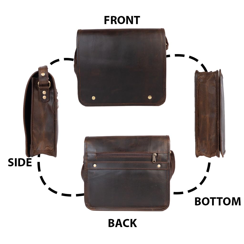 Satchel And Fable Leather cross body Shoulder I pad Messenger full flap Bag 11 Inch (Dark Brown, 11 inch)
