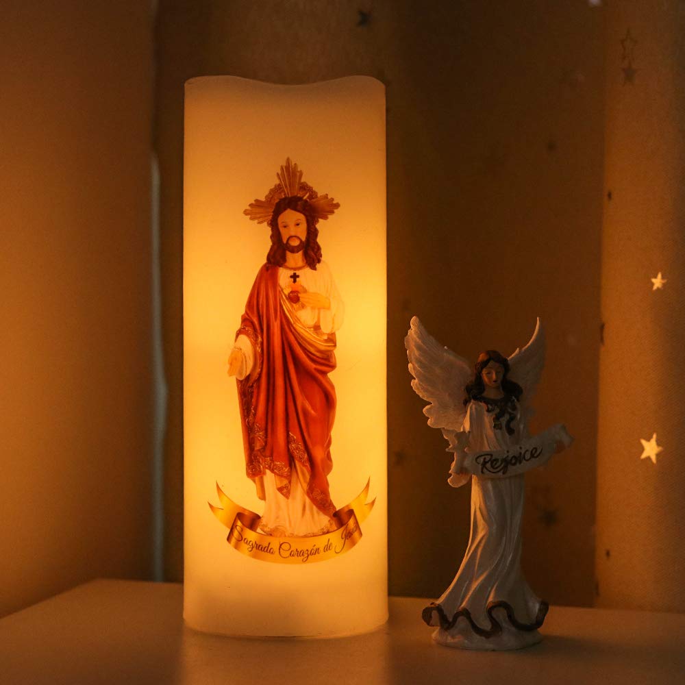 Wondise Sacred Heart of Jesus Picture Devotional Prayer Candle with Remote and Timer, Battery Operated Real Wax LED White Candle for Decoration Religious, Prayer in Spanish(3 x 3 x 6 inch)