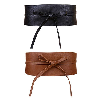 macoking 2 Pack Wide Obi Belts for Women Lace Up Wrap Thick Faux Leather Corset, Black&Brown, L