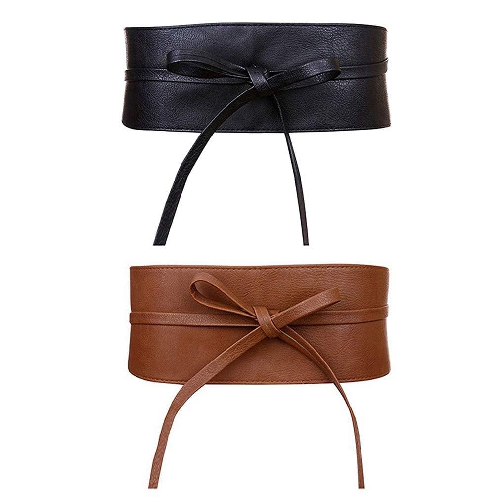 macoking 2 Pack Wide Obi Belts for Women Lace Up Wrap Thick Faux Leather Corset, Black&Brown, L