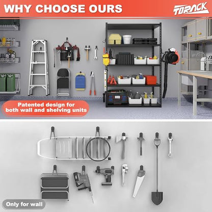 TORACK 15 PCS Garage Storage System Hooks, Shelving Hooks for Keyhole Shelving Units Wall Mount Utility Hooks for Tools, Ladders, Cords, Folding Chairs, Shovels and Rakes(Black)