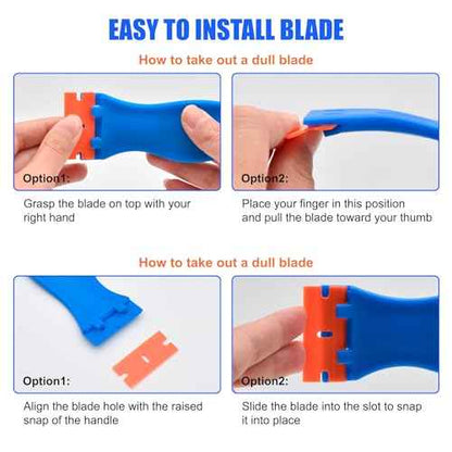 8 Pcs Plastic Razor Blade Scraper and 100 Pcs Blades, Remove Label Decal Tool£¬ Forwithout Scratches Plastic Razor Blade Scraper, Adhesive Remover for Stickers, Kitchen Appliances and Paints on Window