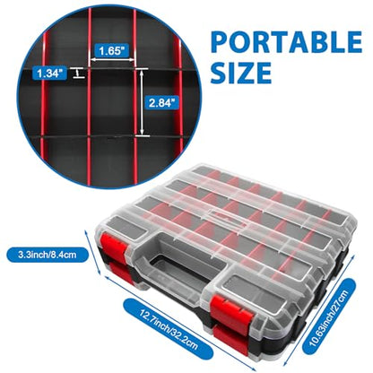 Double Side Tool Box Organizer, Hardware Storage Box, Portable Small Parts Organizer with Removable Plastic Dividers for Screws, Nuts, Nails, Bolts (Red)