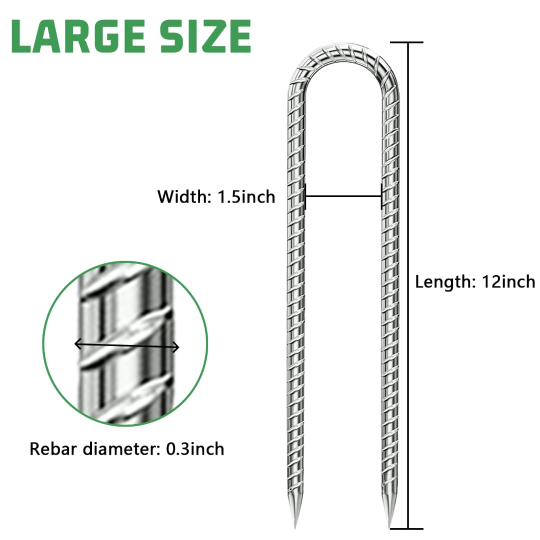 Rebar-Stakes-12-Inch, Ground Stakes Heavy Duty U-Hook Galvanized Anti-Rust Ground Anchors for Camping Tent Trampoline Accessories Dog Fence Chicken Coop Deer Fence 4pcs